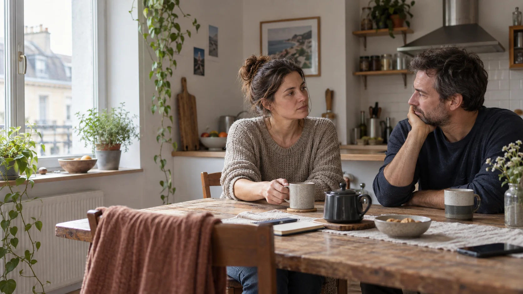 Deux adultes échangent autour d’une table de cuisine près d’une fenêtre.