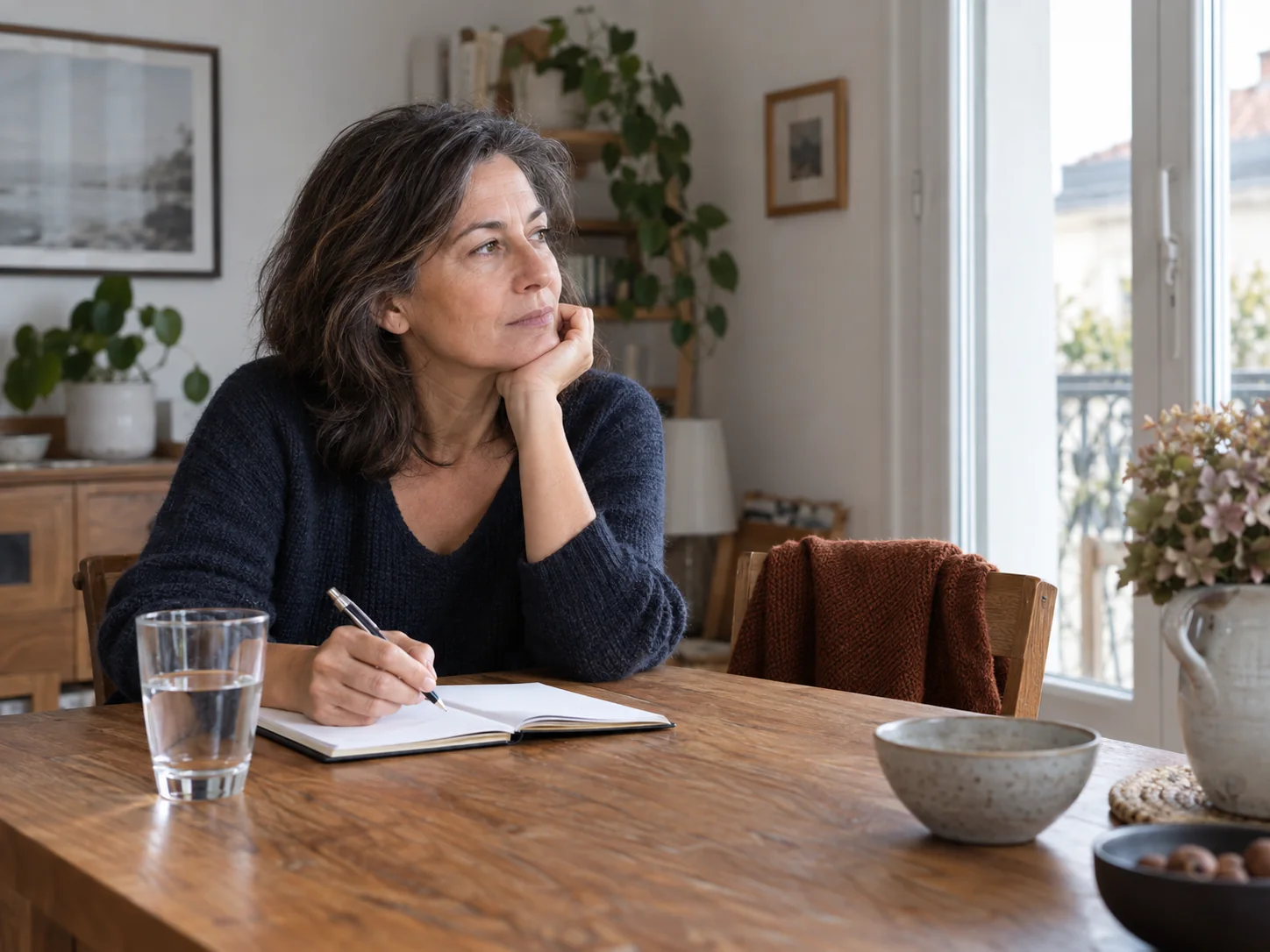 Une femme écrit dans un carnet à sa table, le regard tourné vers la fenêtre.